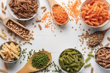 A variety of fusilli pasta from different types of legumes. Gluten-free pasta.