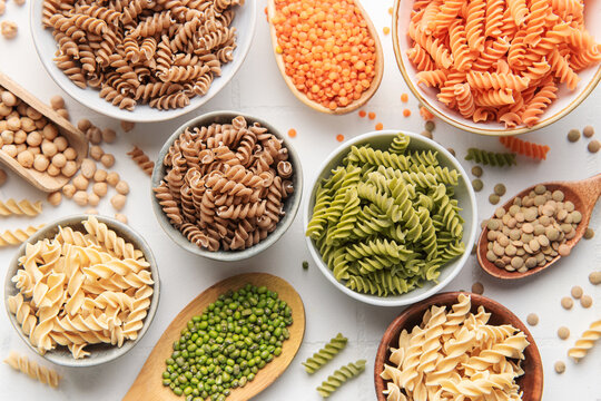 A variety of fusilli pasta from different types of legumes. Gluten-free pasta.