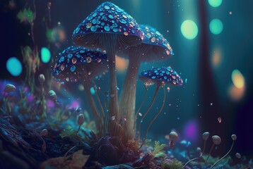 Fototapeta na wymiar Alien world magical fungus mushroom with vibrant glowing energy stems and spores, unknown and unexplored flora forest teeming with life - generative AI illustration.