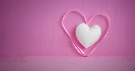 pink ribbon and white heart shape on background, illustration, Generative AI