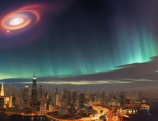 Space Portal over the City., city skyline at night, Nigth sky and portal, fantasy landscape, Made with Generative AI