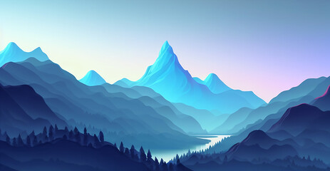 Mountain landscape background in a modern style. Blue and light pink colors