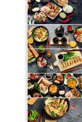Collage made of assorted Chinese dishes and snacks.