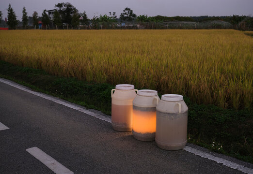 Closeup of barrels with enzymes. for watering rice fields