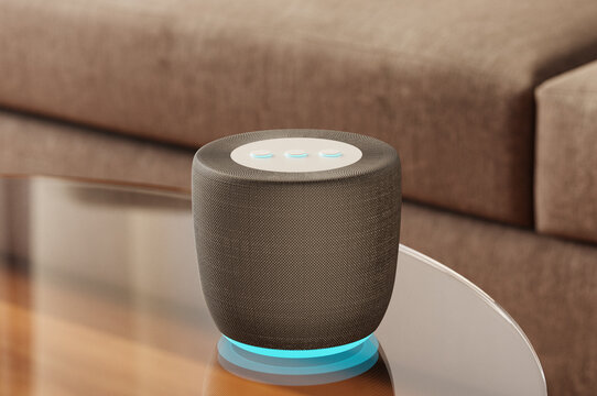 Non-brand smart speaker on living room table. Smart home concept.