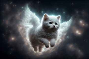 a cute white fog cat with white angel wings floating in the vacuum overseing galaxies. made with generative AI