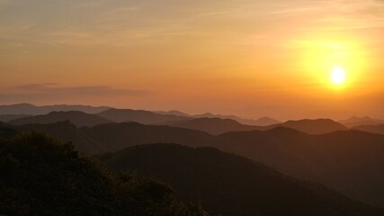 Obraz premium View of the surrounding mountains from the Hadong gliding field in South Korea