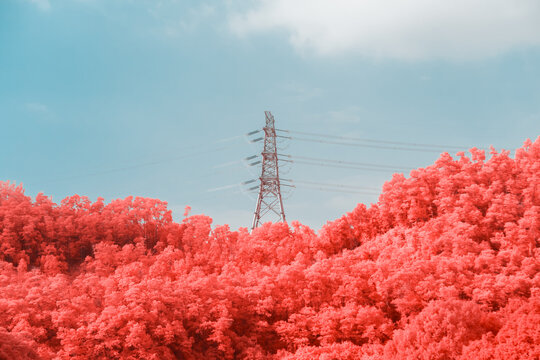 Fototapeta Infrared photography of Electric pole on the mountain
