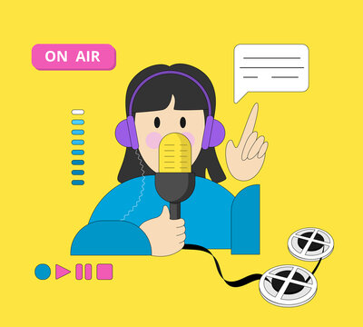 Woman records a podcast. 