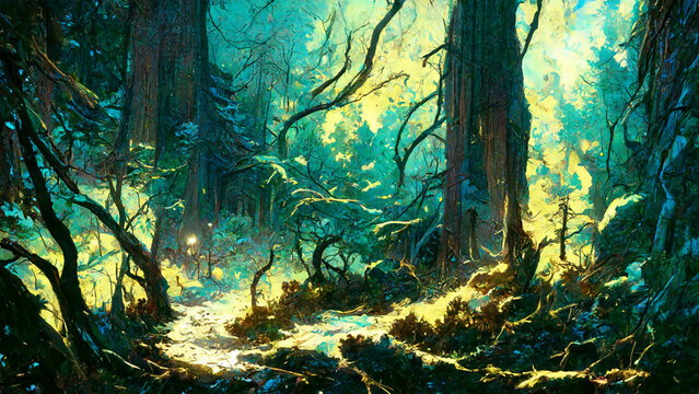 Forest secret adventure at night illustration Generative AI Content by Midjourney © simon