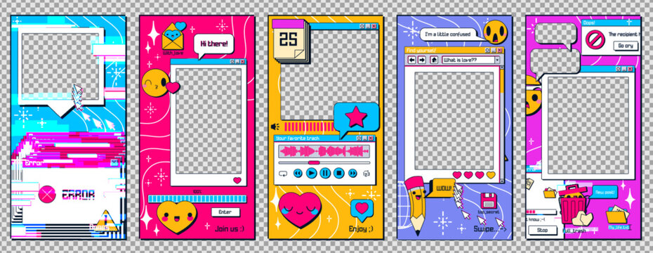 Social media stories template with retro 90s PC interface with windows frames, error message, cursor, buttons and folders, vector cartoon set isolated on transparent background