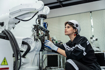 Obraz premium Team woman of engineers practicing maintenance Taking care and practicing maintenance of old machines in the factory so that they can be used continuously.
