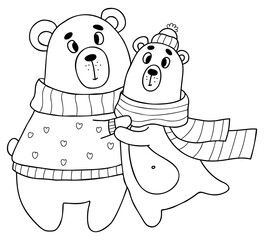 Cute pair bears in winter clothes. Vector illustration in doodle style. Outline drawing for design, decor, Valentines cards, print.