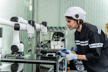 Team woman of engineers practicing maintenance Taking care and practicing maintenance of old machines in the factory so that they can be used continuously.