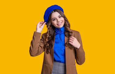 photo of happy stylish caucasian teen girl wear french beret. stylish caucasian teen girl