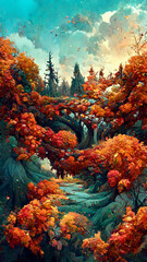 Obraz premium Panorama of the forest at dusk with fallen leaves on the groun illustration Generative AI Content by Midjourney