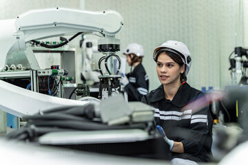 Team woman of engineers practicing maintenance Taking care and practicing maintenance of old machines in the factory so that they can be used continuously.