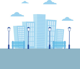 Obraz premium Vector building illustration with benches and street lights