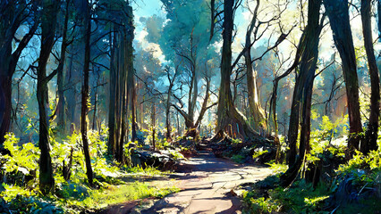 Panorama of the forest at dusk stone road illustration Generative AI Content by Midjourney