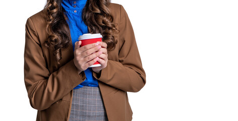 stylish caucasian teen girl with coffee on background. photo of stylish caucasian teen girl.