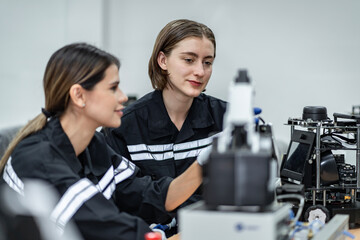 Fototapeta premium Team woman of engineers practicing maintenance Taking care and practicing maintenance of old machines in the factory so that they can be used continuously.