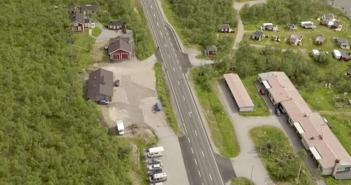 Aerial view at Kilpisj&auml;rvi, Lapland ,Finland and European route E8 that goes from Tromso, Norway to Turku, Finland in summer.
