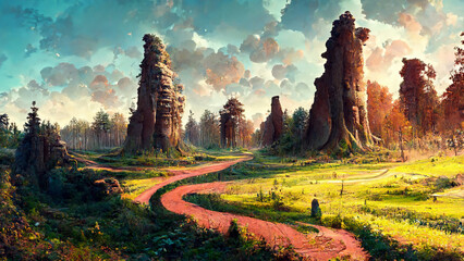 Obraz premium Panorama of the forest at dusk stone road illustration Generative AI Content by Midjourney