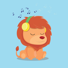 cute lion listening music