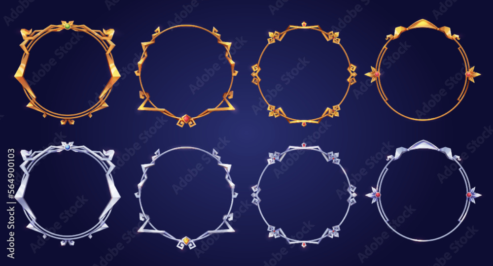 Poster empty circle silver and gold frames in medieval style for game ui design. vector cartoon set of user