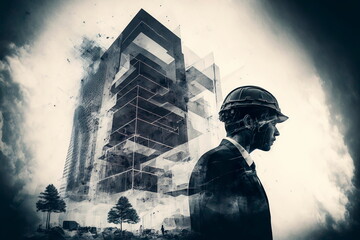 Double exposure Civil engineer, architect or builder working with civil equipment. Generative AI