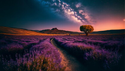 Beautiful nature background. Landscape of blooming lavender flowers Generative AI