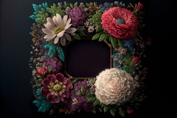 Banner with floral border, mixed flowers Generative AI