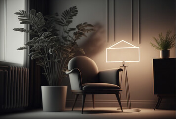  a chair and a plant in a room with a neon sign that says inval is on the wall above it and a lamp that reads in the corner of the room is a chair. - obrazy, fototapety, plakaty