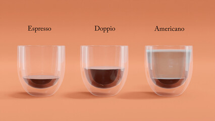 3D illustration of coffee types including espresso, doppi (double shot), and americano (water and espresso) in double wall glass. Episode 1.