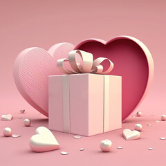Gift box and romantic love heart concept banner on pink background. Generative AI