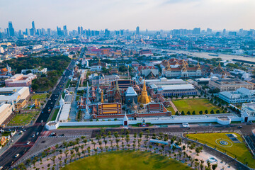 Aerial view of the Temple of the Emerald Buddha grand palace, most famous landmark of Bangkok, Thailand
