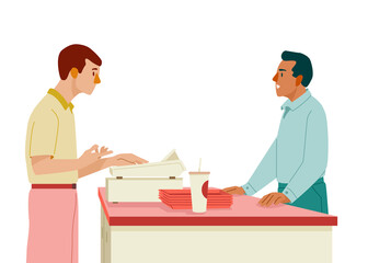 Male cashier serving client in store