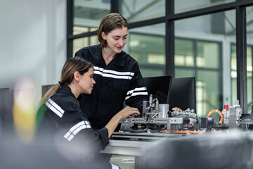 Team woman of engineers practicing maintenance Taking care and practicing maintenance of old machines in the factory so that they can be used continuously.