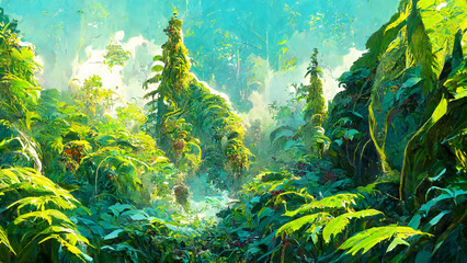 Fototapeta na wymiar Rainforest forest in the sunny morning illustration Generative AI Content by Midjourney