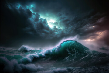 Fototapeta na wymiar Storm over the ocean, big waves dark night sky and clouds. Generative AI