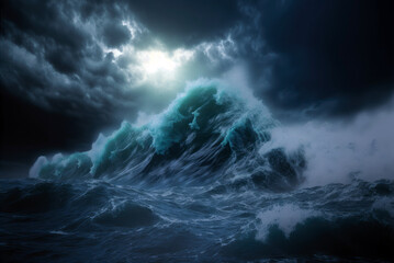 Naklejka na ściany i meble Storm over the ocean, big waves dramatic night sky and clouds. Generative AI