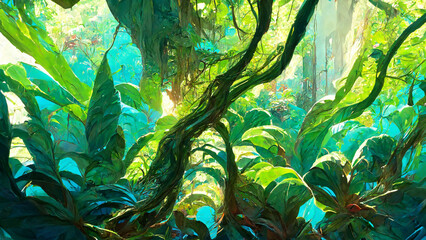 Rainforest forest in the sunny morning illustration Generative AI Content by Midjourney