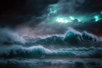 Storm over the ocean, big waves dramatic night sky and clouds. Generative AI