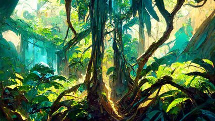 Fototapeta na wymiar Tropical Rainforest forest Maya ancient culture illustration Generative AI Content by Midjourney