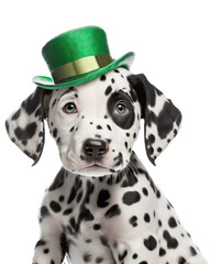 Portrait of a Dalmatian puppy wearing a green leprechaun hat to celebrate St. Patrick’s Day. Generative AI.