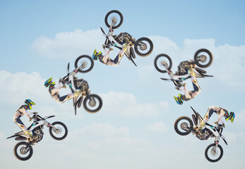 Motorcycle, sky jump race and air stunt for extreme sport expert for agile speed, power or balance...