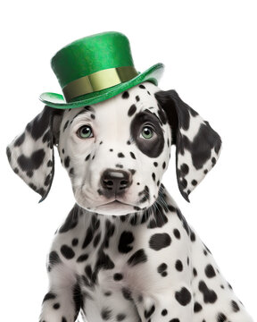 Portrait of a Dalmatian puppy wearing a green leprechaun hat to celebrate St. Patrick&rsquo;s Day. Generative AI.