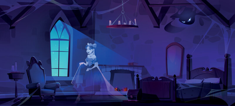 Ghost Woman In Haunted Castle Room At Night. Vector Cartoon Illustration Of Spooky Female Silhouette In Medieval Dress Walking In Abandoned Palace Bedroom Covered With Spider Web. Halloween Phantom