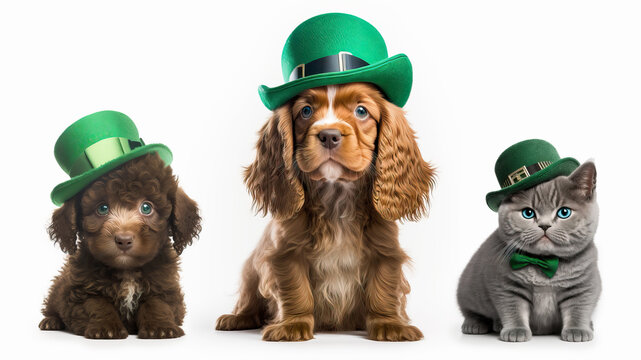 St. Patrick&rsquo;s day kitten and two puppies wearing green leprechaun hats. Generative AI.