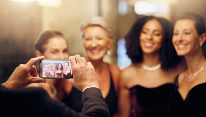 Phone, photography or women in a party in celebration of goals or new year at fancy luxury event....